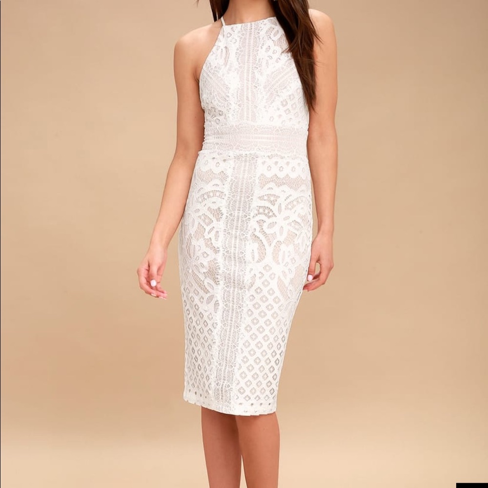 Nude and White lace bodycon midi dress